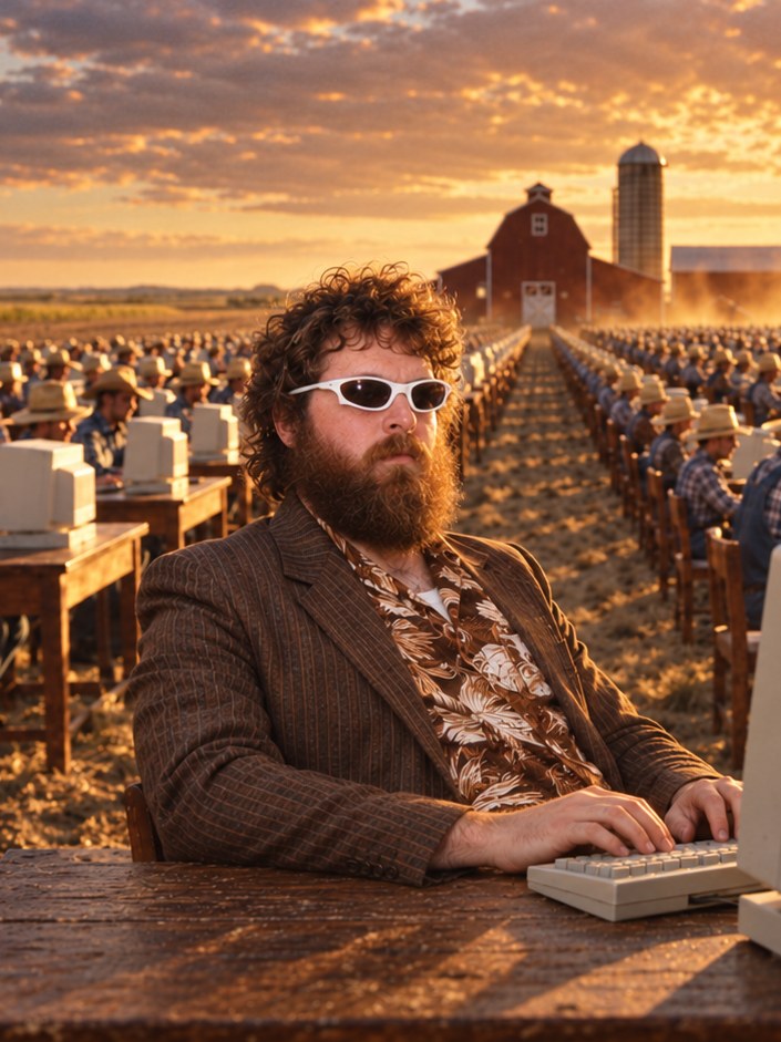 Hunter Ray Barker at a computer in the center aisle of the farm, rows of Clip Farmers behind him.