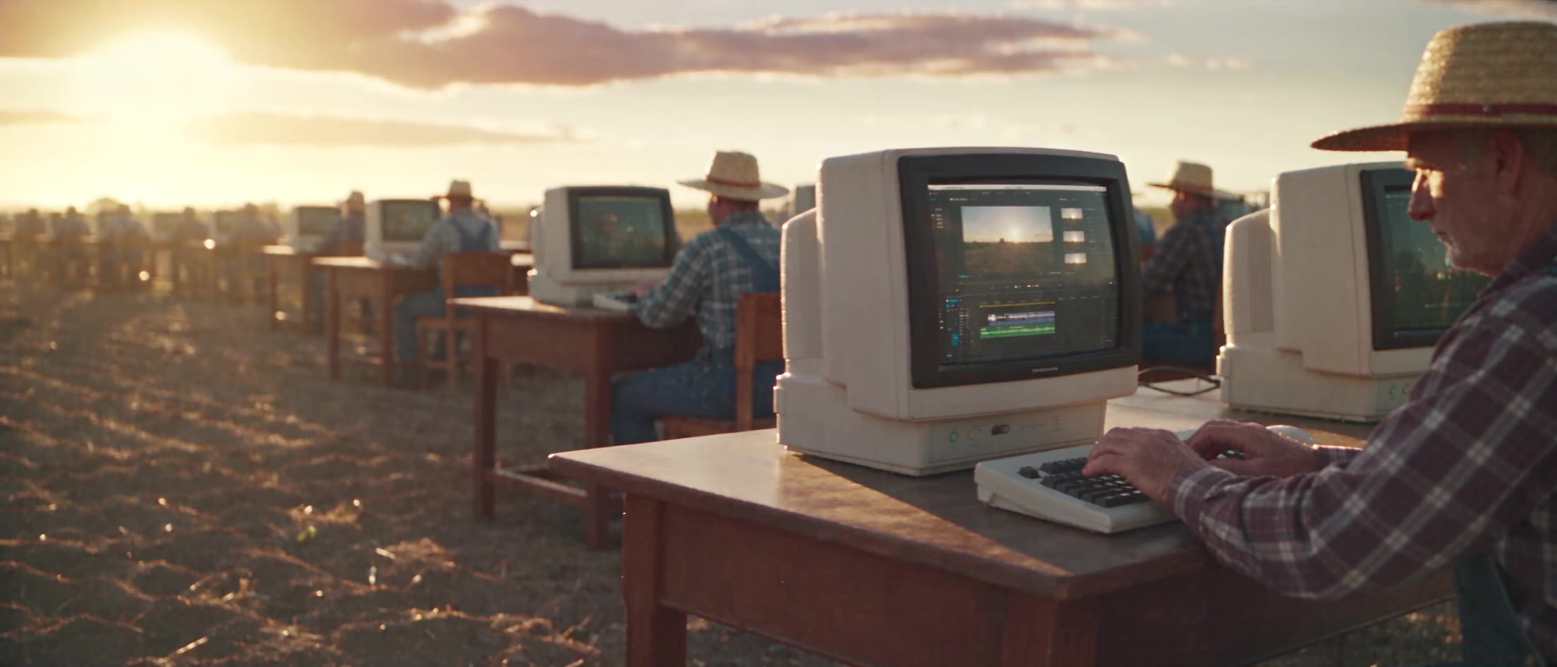 A farmer editing at a computer among rows of fellow farmers in a golden field.